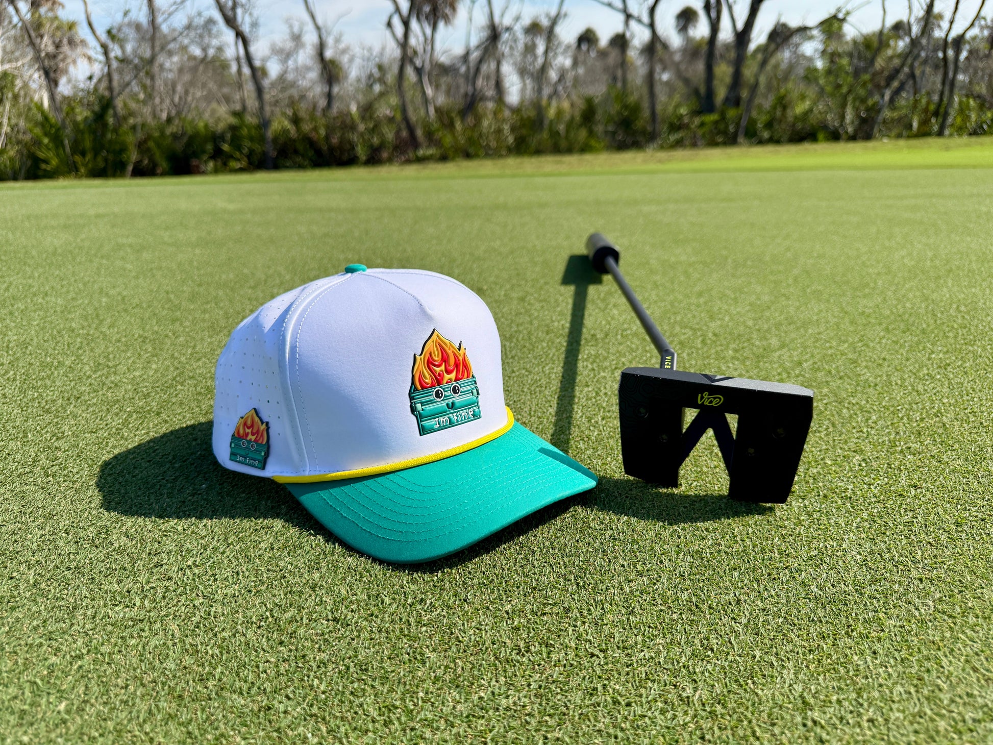 Dumpster Fire Golf Hat | Snapback Cap | Built-in Magnetic Ball Marker Holder + Marker Included | Adjustable | Trash Waste White, Teal