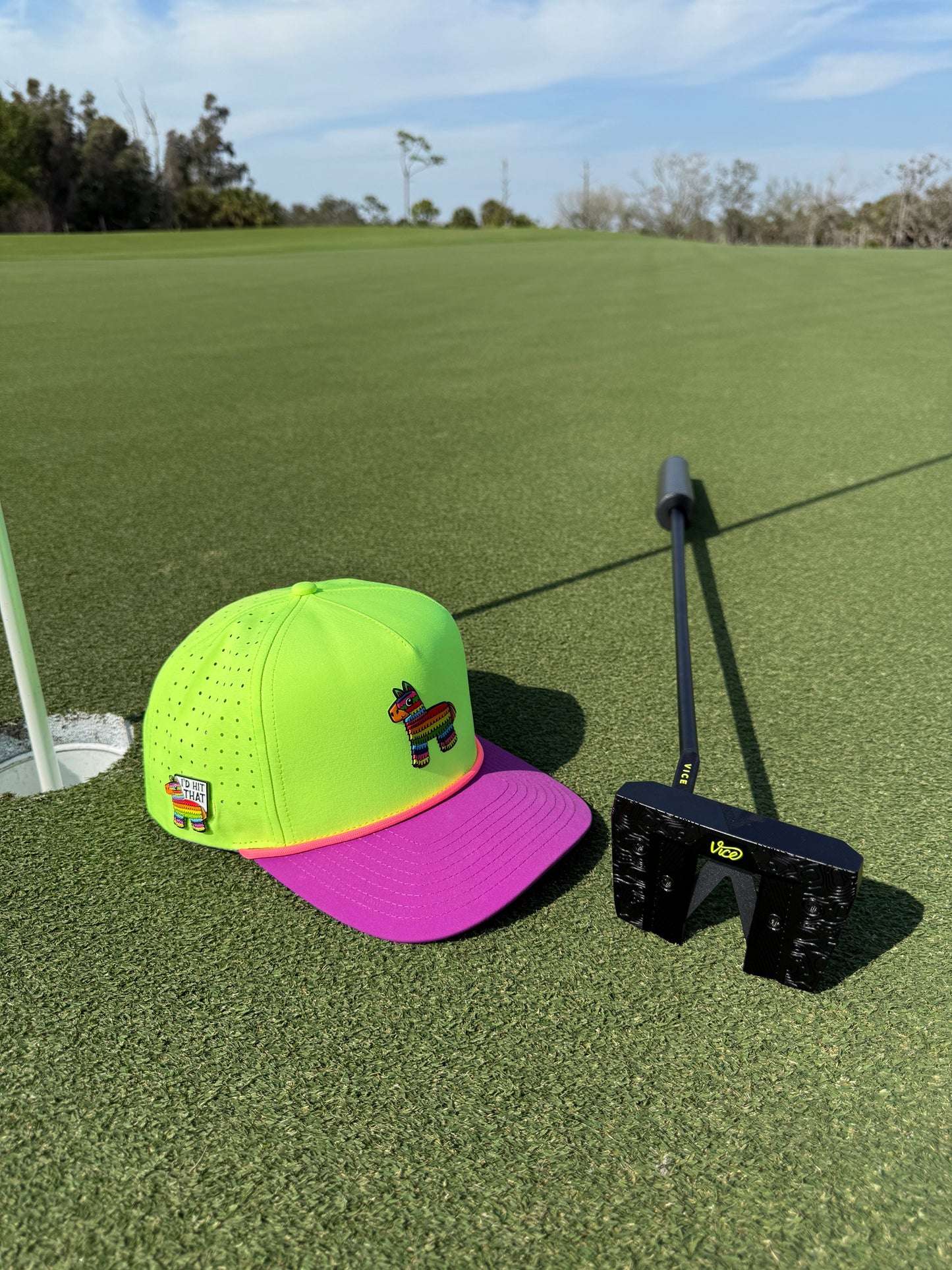 I'd Hit That Piñata Golf Hat | Snapback Cap | Built-in Magnetic Ball Marker Holder + Marker Included | Adjustable | Llama Multicolor