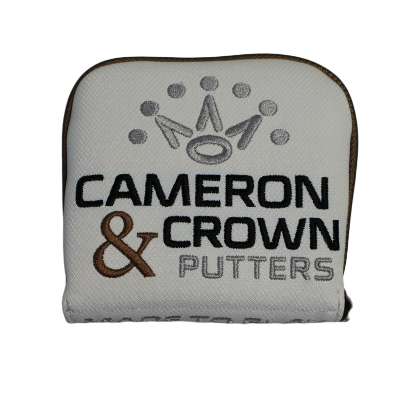 Scotty Cameron - Cameron & Crown "Made to Play" White/Brown Left Hand Mid-Square Mallet Putter Headcover - The Golf Guys Online