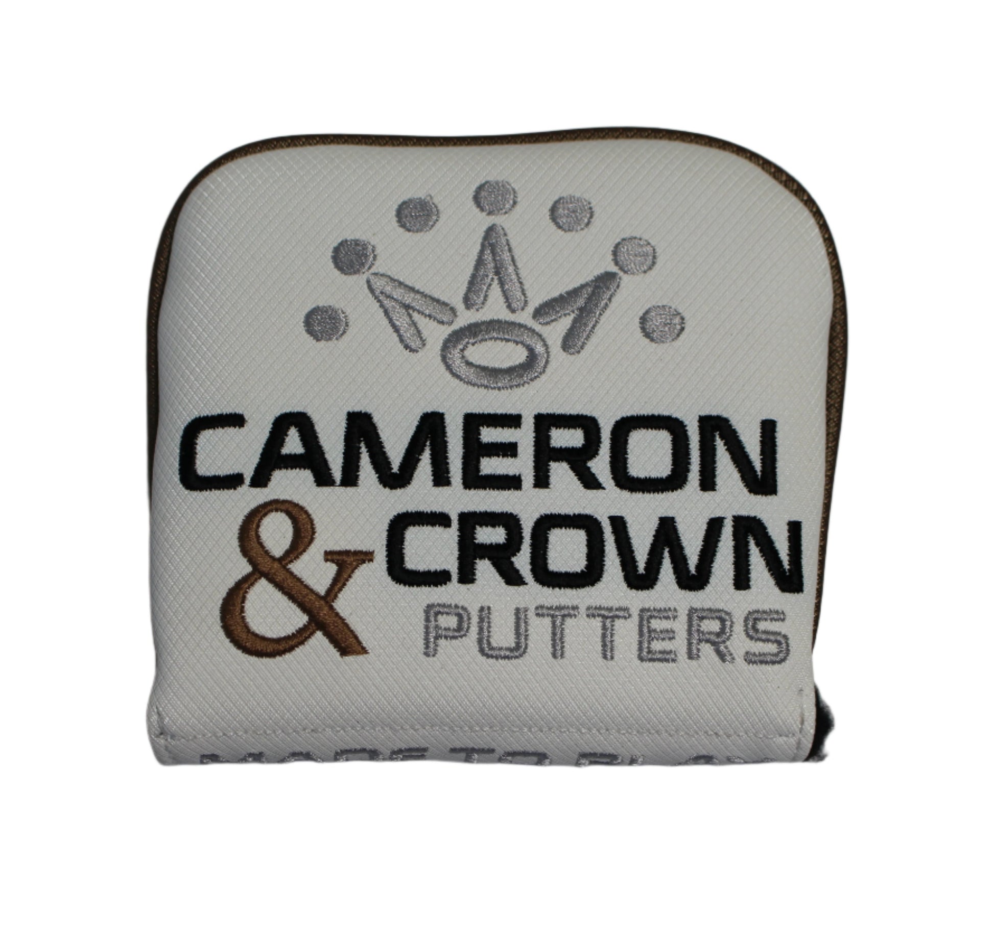 Scotty Cameron - Cameron & Crown "Made to Play" White/Brown Left Hand Mid-Square Mallet Putter Headcover - The Golf Guys Online