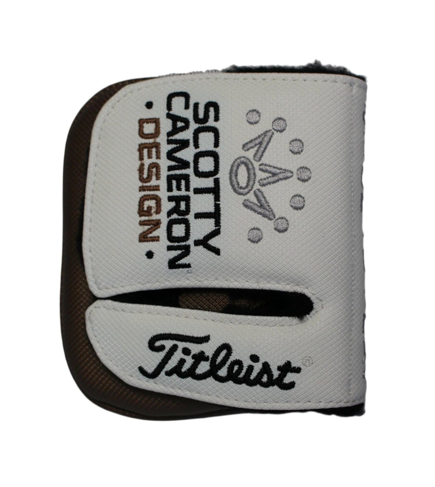 Scotty Cameron - Cameron & Crown "Made to Play" White/Brown Left Hand Mid-Square Mallet Putter Headcover - The Golf Guys Online