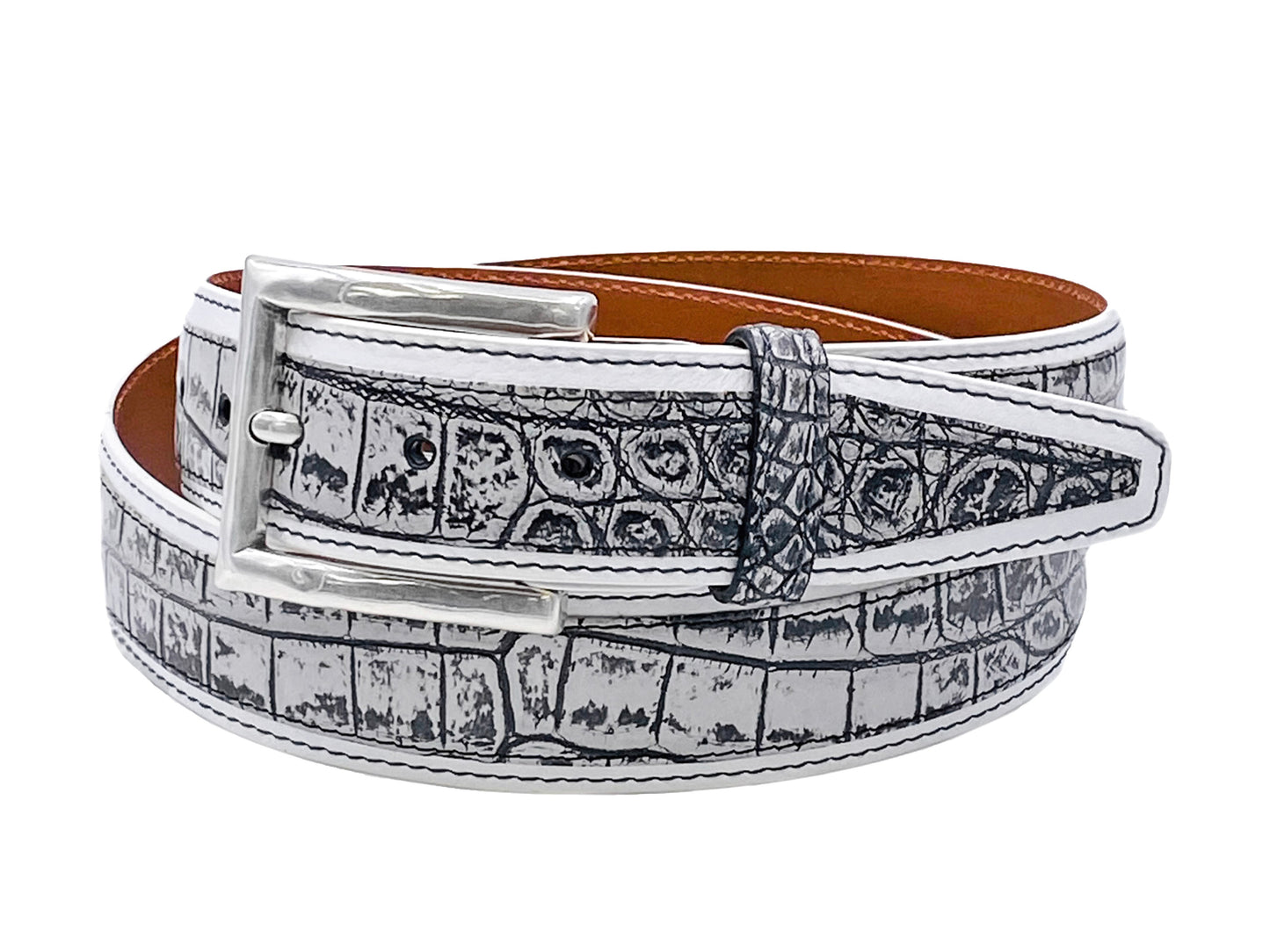 Alligator Calf Duo-Skin Handpainted Belt Himalayan White/Black - The Golf Guys Online