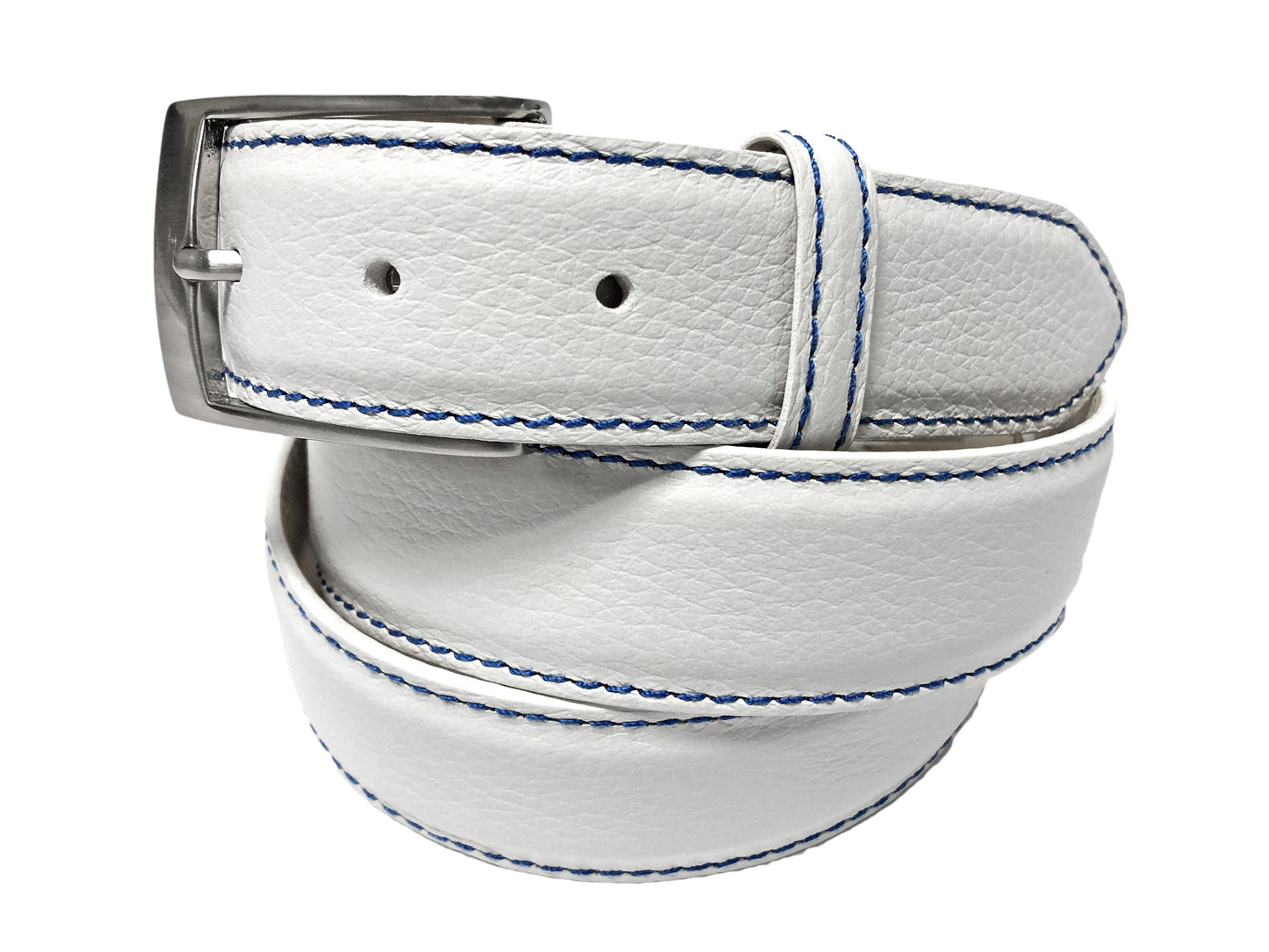 Calf Skin Pebble Belt White / Blue Stitch - The Golf Guys Online