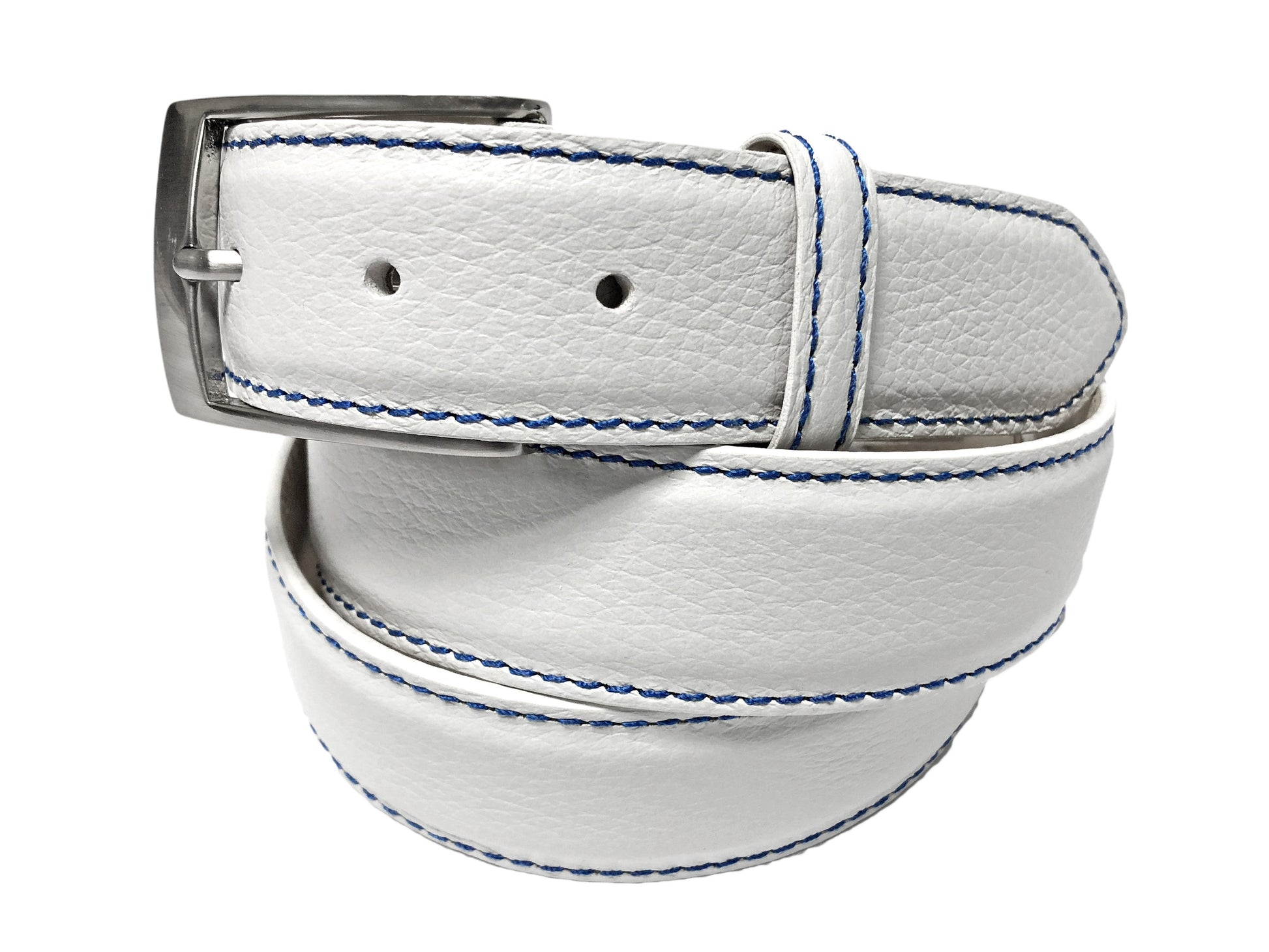 Calf Skin Pebble Belt White / Blue Stitch - The Golf Guys Online