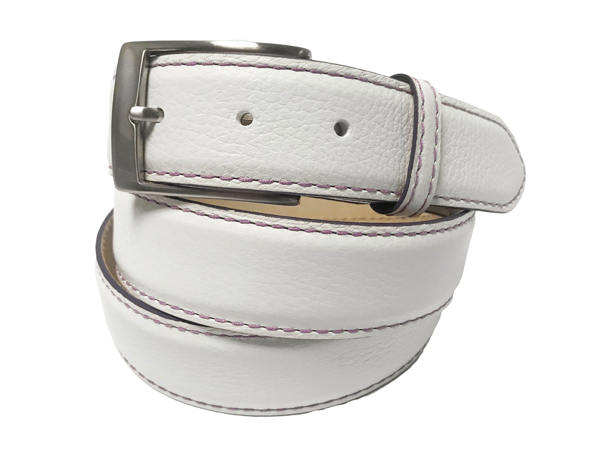 Calf Skin Pebble Belt White / Purple Stitch & Edge - The Golf Guys Online