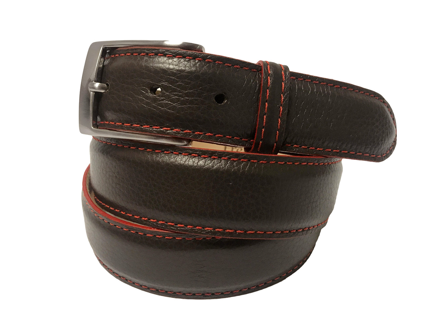 Calf Skin Pebble Belt Brown / Red Stitch & Edge - The Golf Guys Online