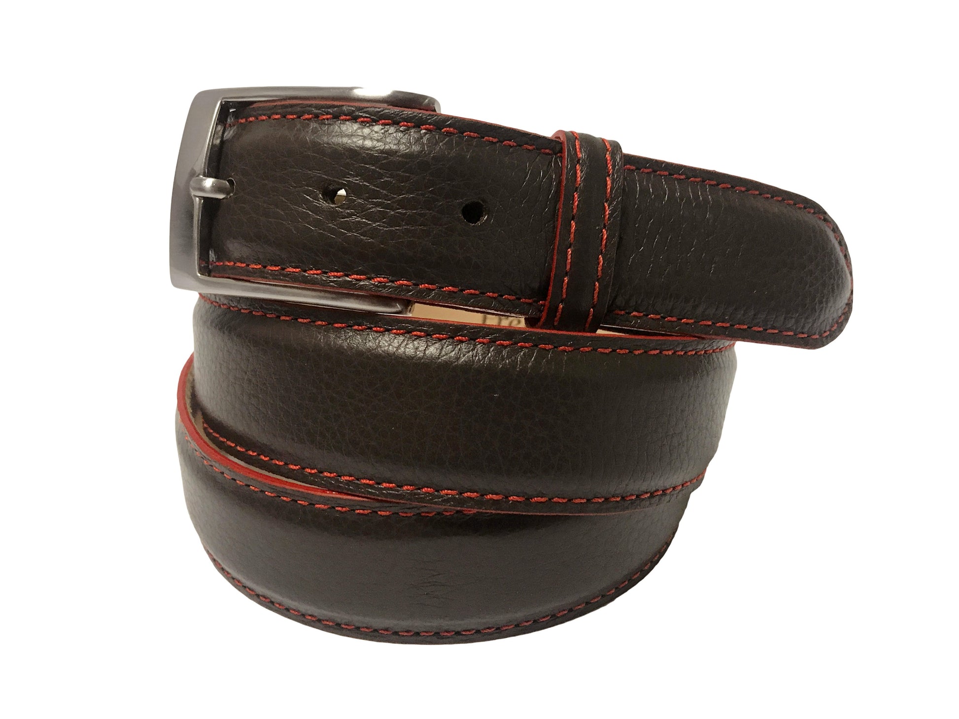 Calf Skin Pebble Belt Brown / Red Stitch & Edge - The Golf Guys Online