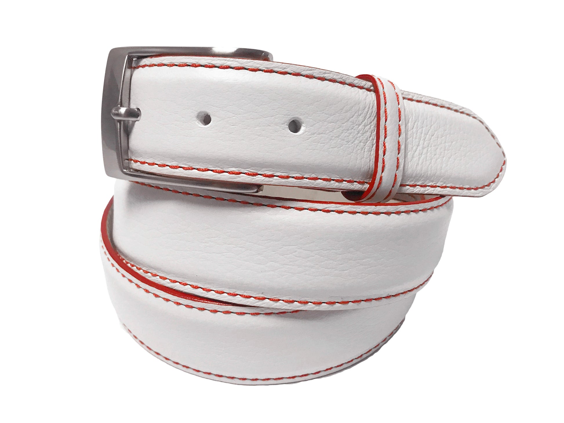 Calf Skin Pebble Belt White / Red Stitch & Edge - The Golf Guys Online