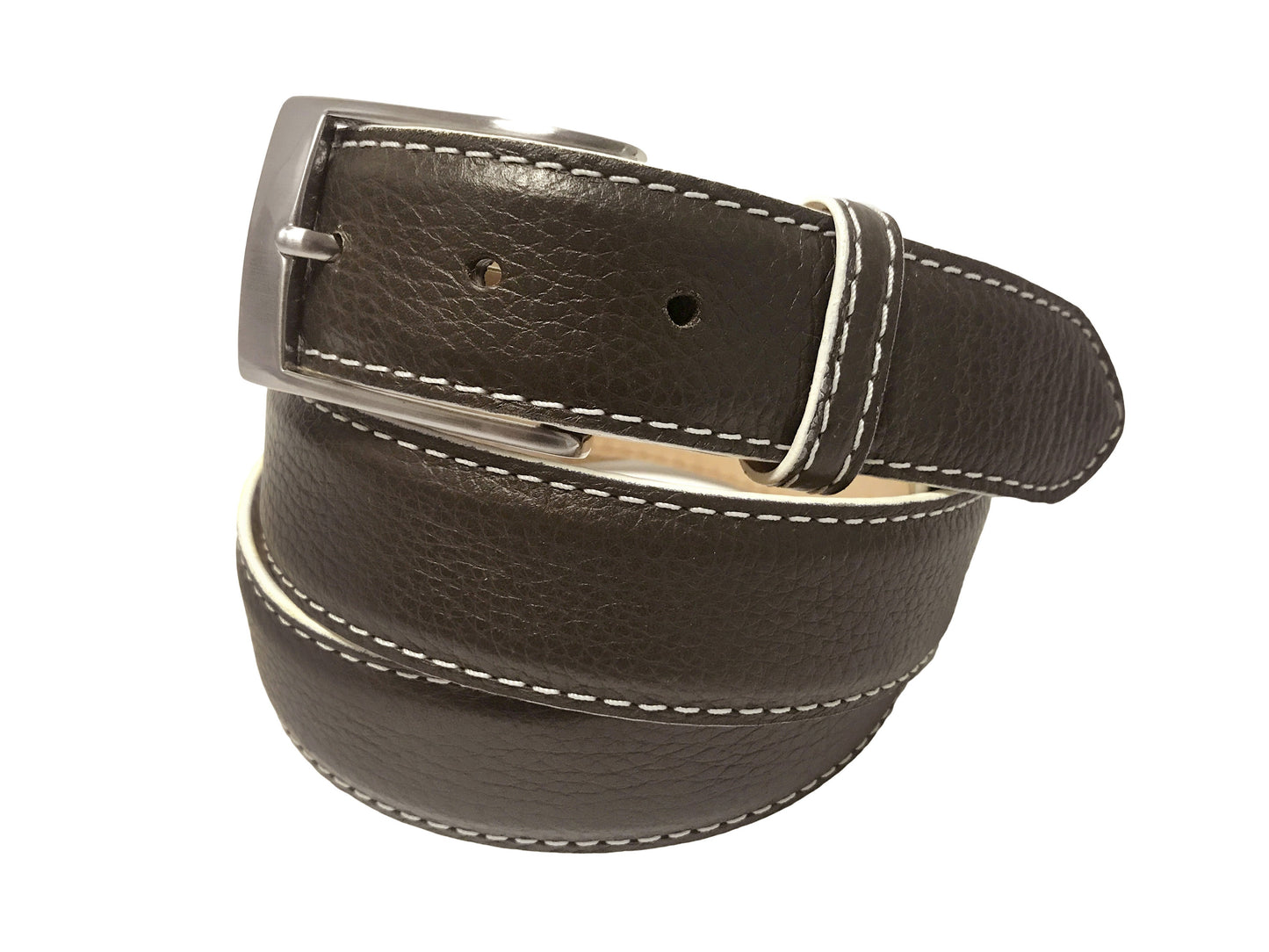 Calf Skin Pebble Belt Brown / White Stitch & Edge - The Golf Guys Online