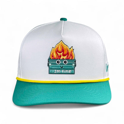 Dumpster Fire Golf Hat | Snapback Cap | Built-in Magnetic Ball Marker Holder + Marker Included | Adjustable | Trash Waste White, Teal