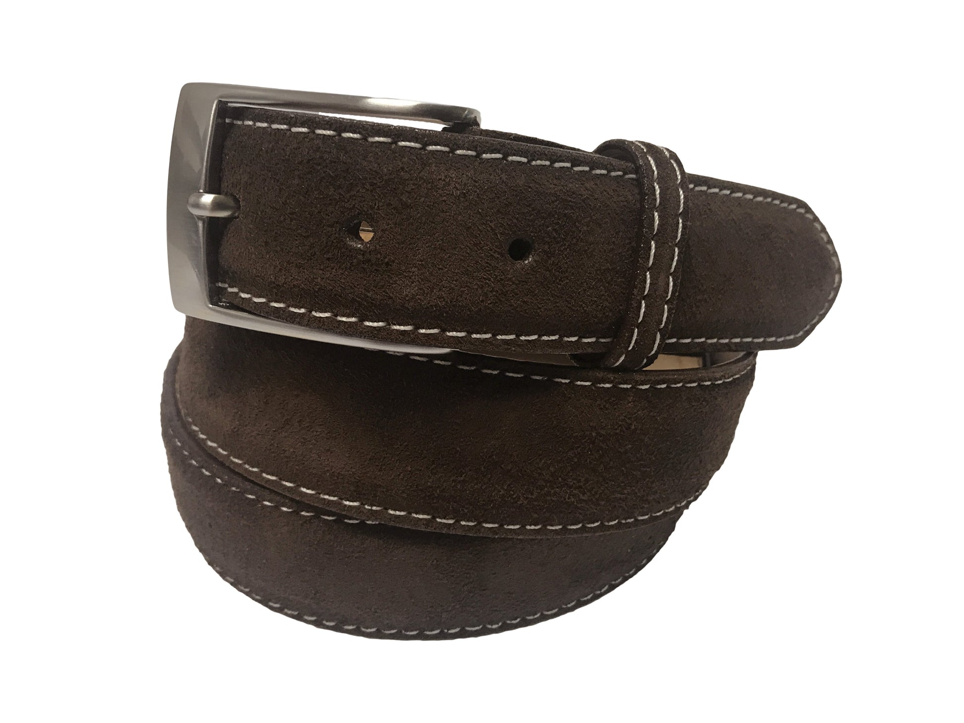 Calf Skin Suede Belt Brown / White Stitch - The Golf Guys Online