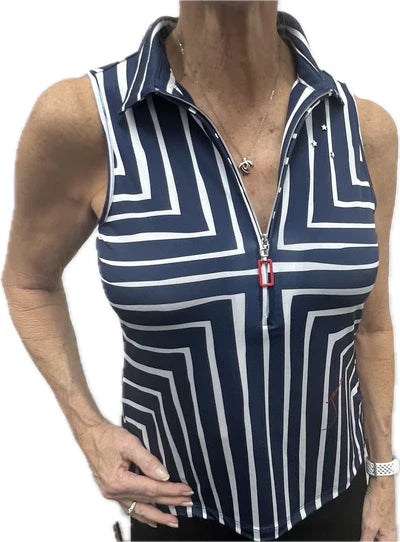 Jamie Sadock Spirit Basic Collection: Women's Sleeveless Shirt-Navy Geometric Print - The Golf Guys Online
