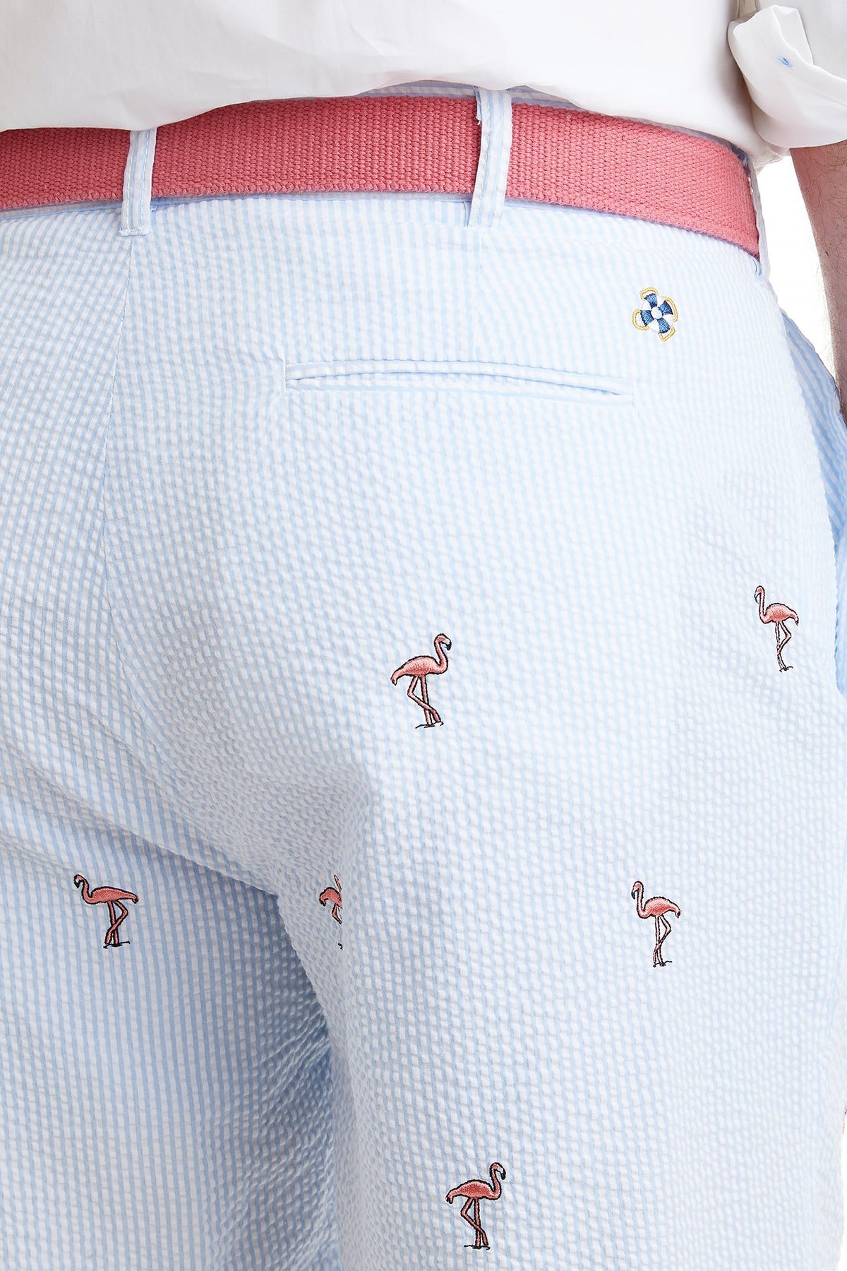 Cisco Short Stretch Twill Blue Seersucker with Flamingo - The Golf Guys Online