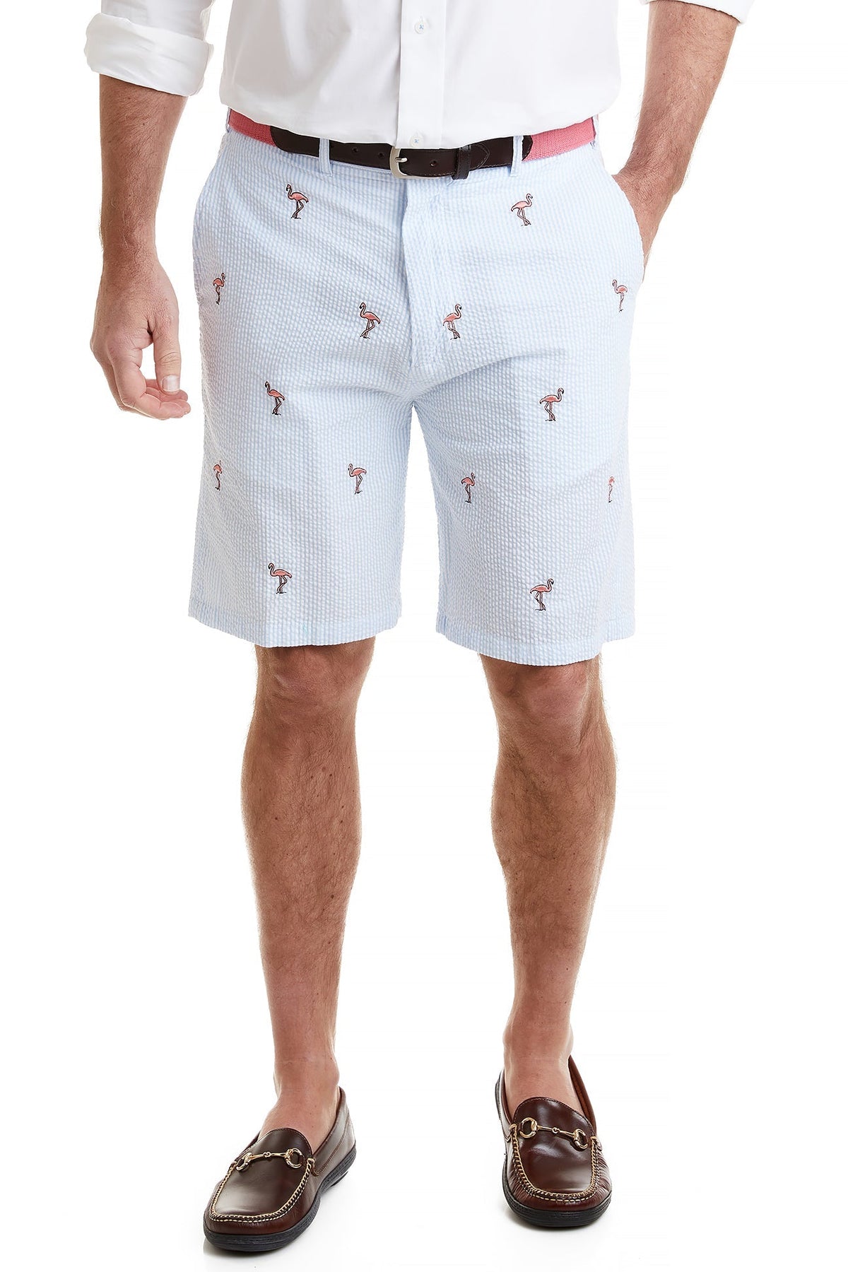 Cisco Short Stretch Twill Blue Seersucker with Flamingo - The Golf Guys Online