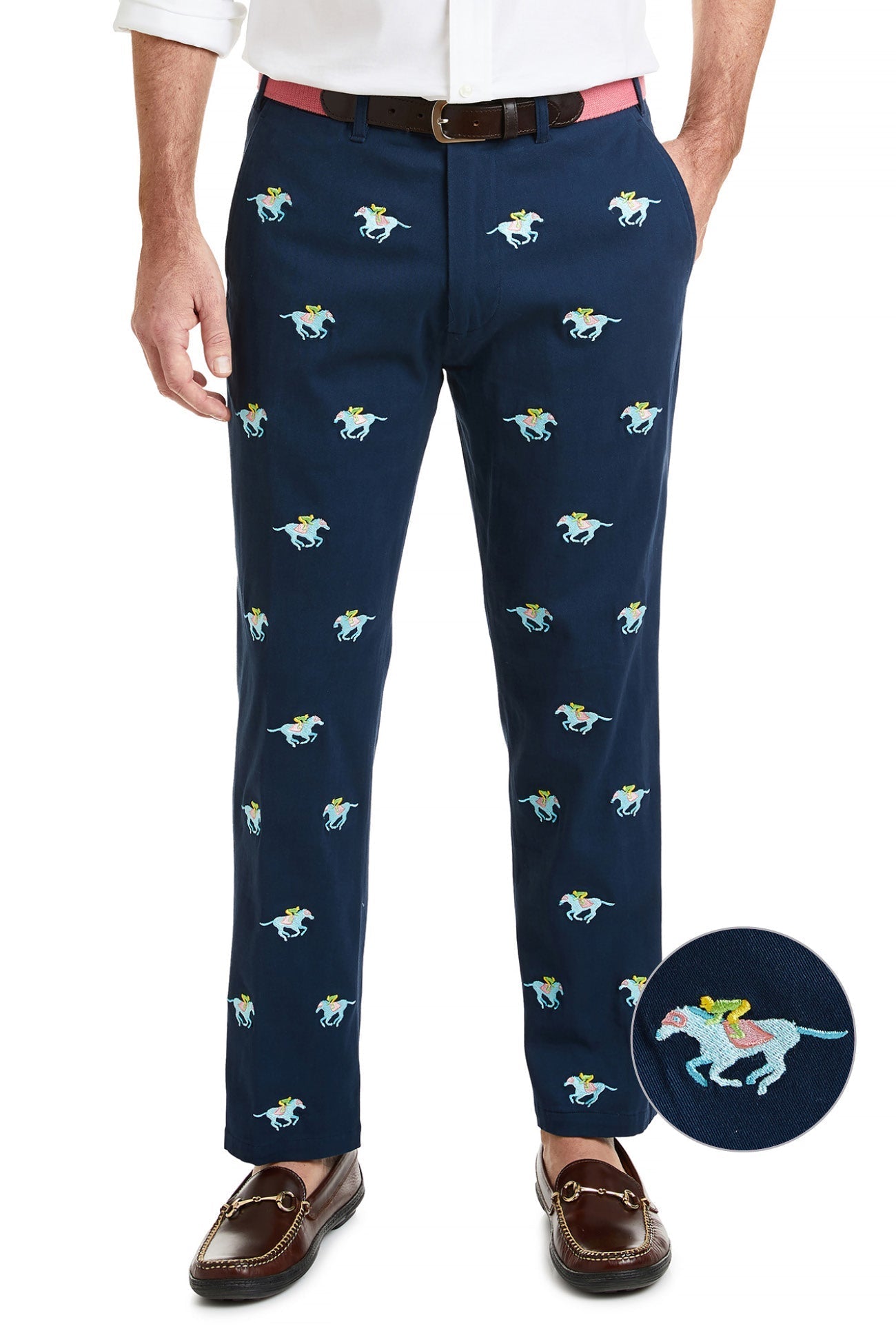 Harbor Pant Stretch Twill Nantucket Navy with Pastel Racing Horses - The Golf Guys Online
