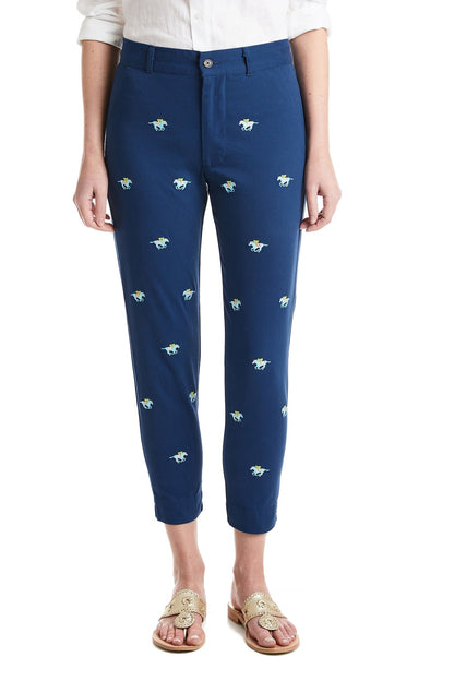 Ladies Ankle Capri Stretch Twill Nantucket Navy with Pastel Racing Horses - The Golf Guys Online
