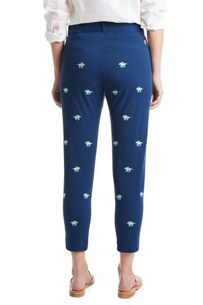 Ladies Ankle Capri Stretch Twill Nantucket Navy with Pastel Racing Horses - The Golf Guys Online