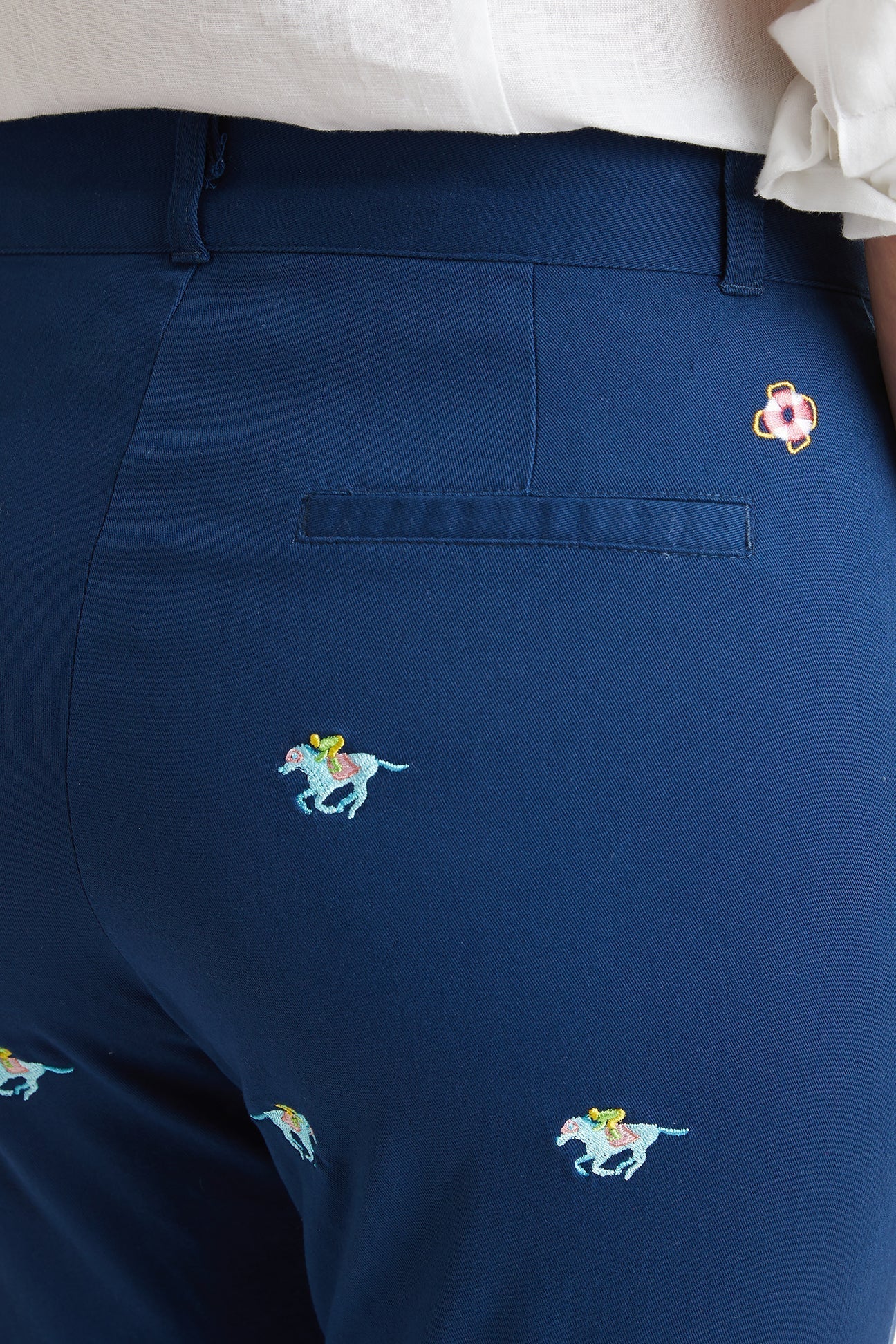 Ladies Ankle Capri Stretch Twill Nantucket Navy with Pastel Racing Horses - The Golf Guys Online
