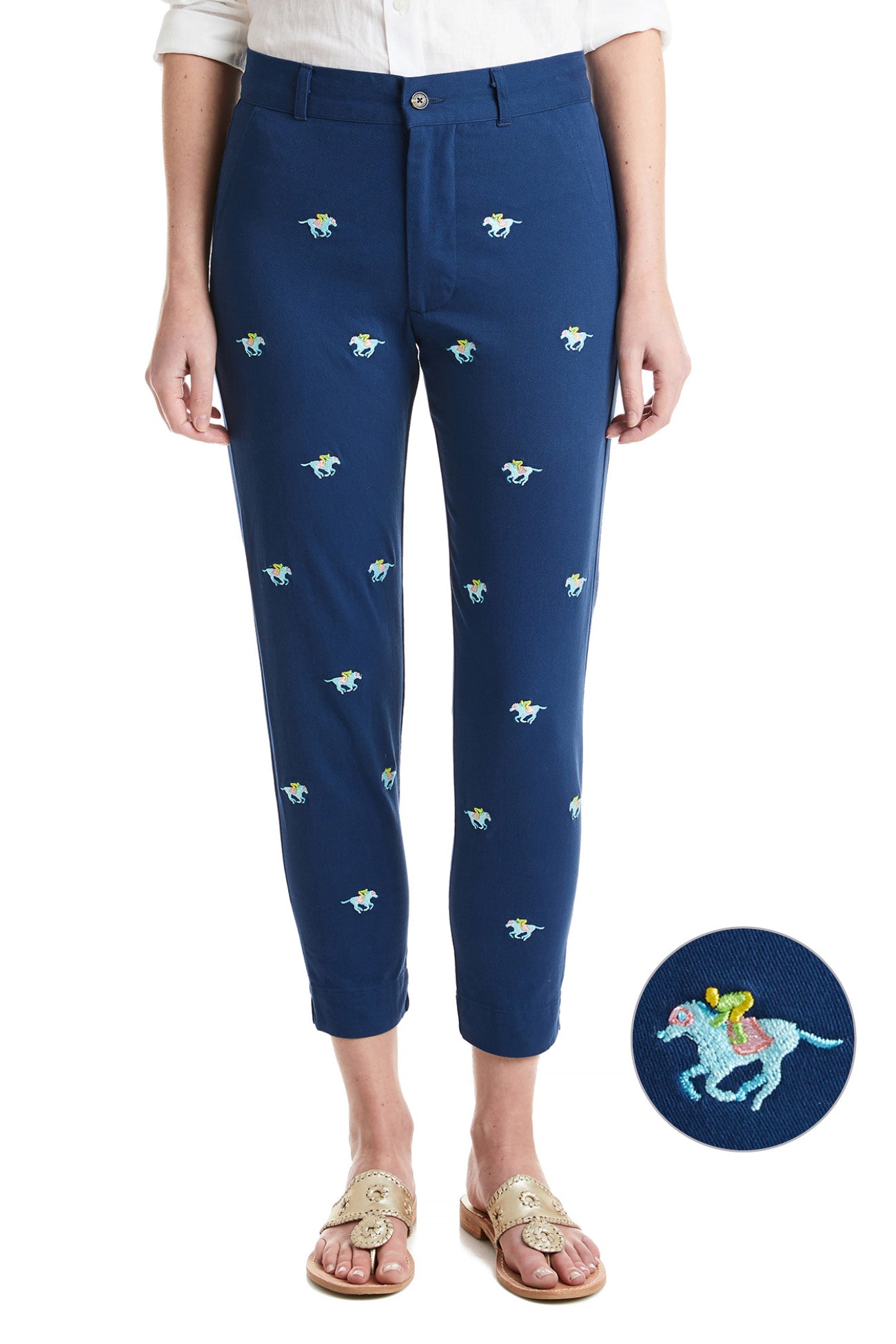 Ladies Ankle Capri Stretch Twill Nantucket Navy with Pastel Racing Horses - The Golf Guys Online